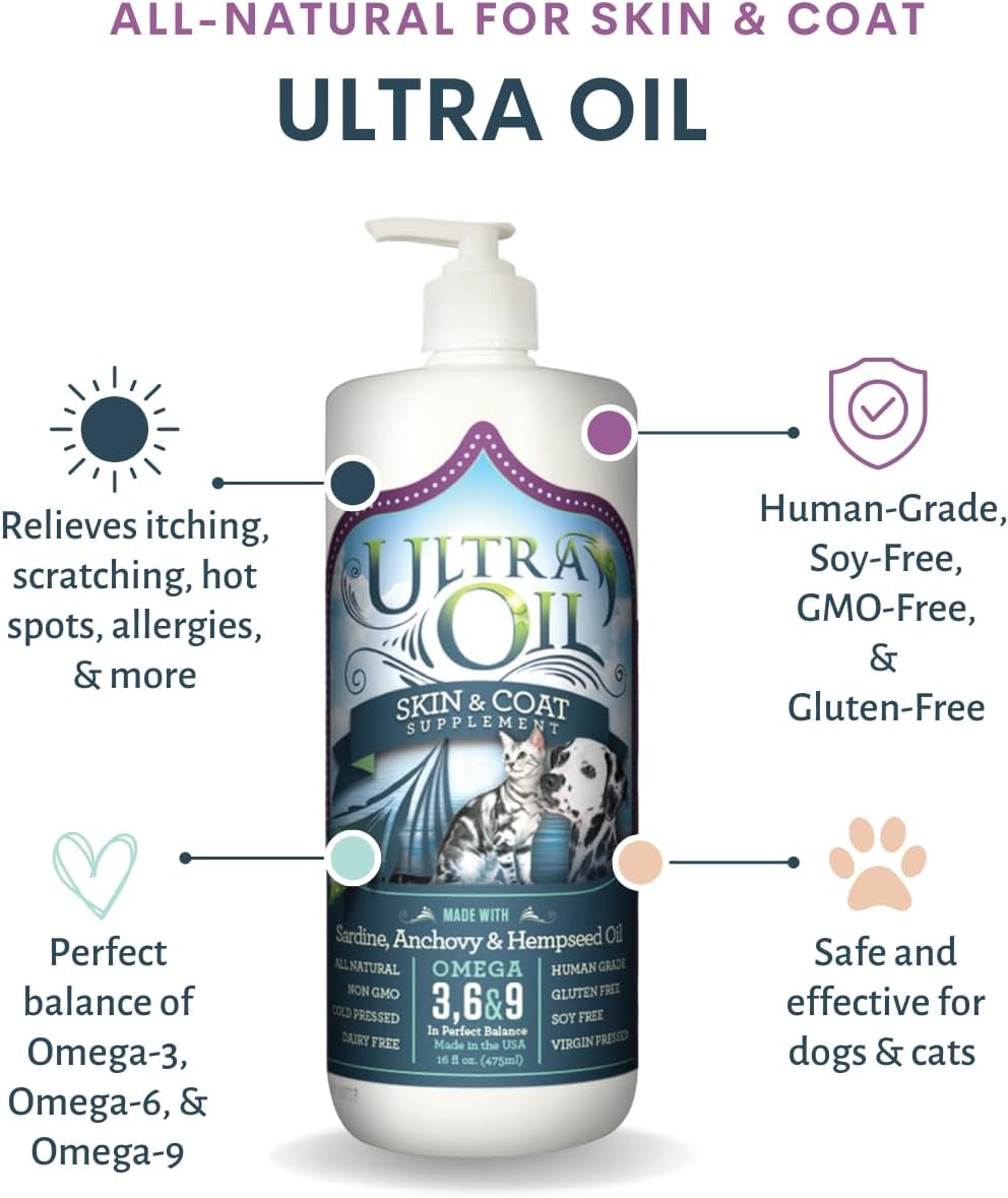 Ultra Oil Dog & Cat Supplement with Hemp, Flaxseed & Fish Oils - 32Oz - for Dry Skin, Dull Coat, Hot Spots, Dandruff, Allergies