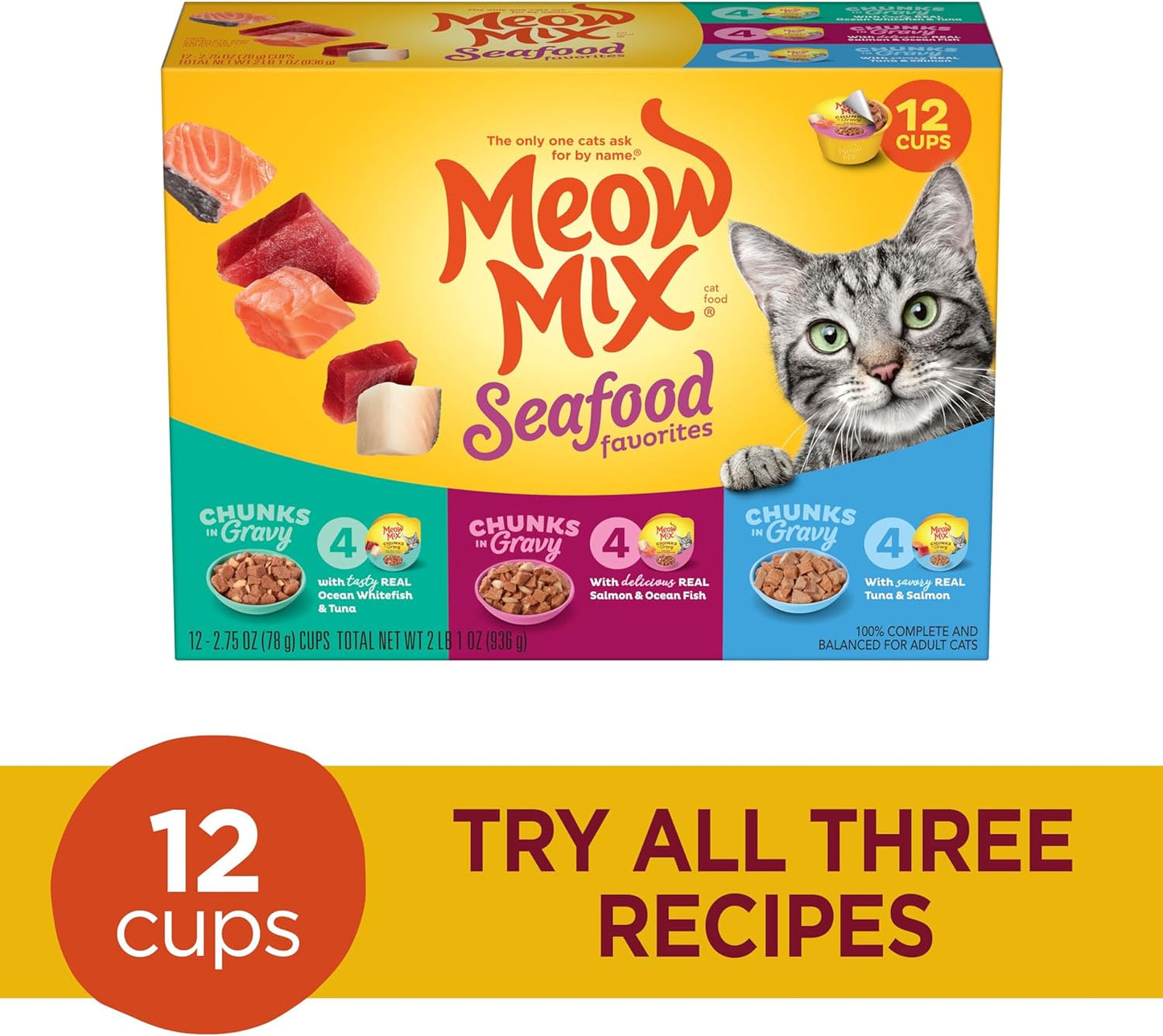 Seafood Favorites Chunks in Gravy Wet Cat Food Variety Pack, 2.75 Ounce (Pack of 12)