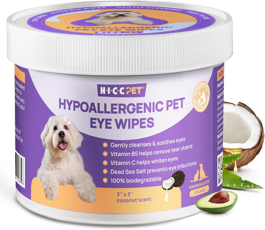 Eyes Wipes for Dogs & Cats - Gently Remove Tear Stain, Debris, Discharge, Crust - Coconut Oil Pet Cleaning Grooming Deodorizing Wipes Wash Cleaner for Eyes, Wrinkle, Face - 100Pcs