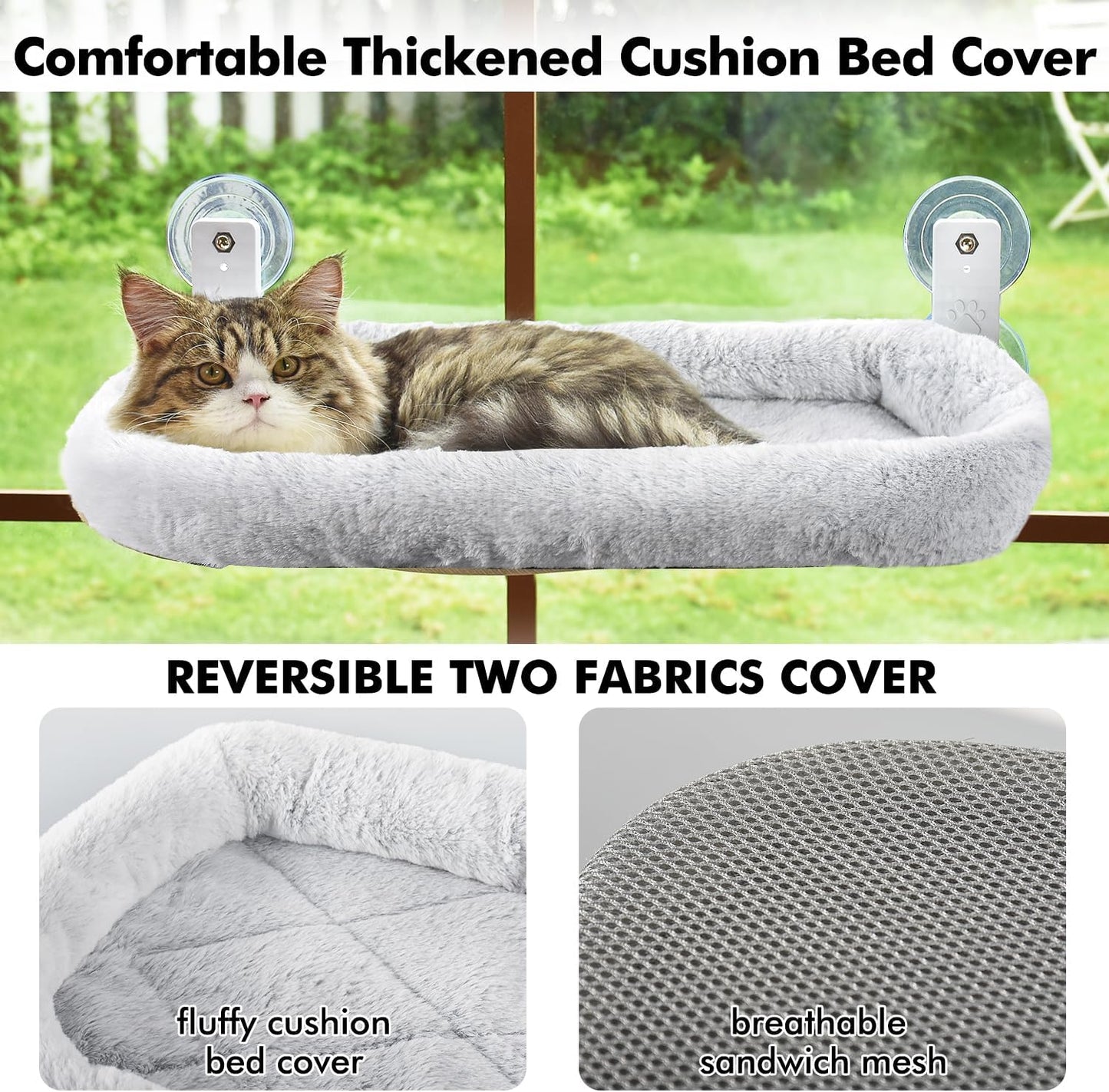 Cordless Cat Window Perch, Cat Hammock for Wall with 4 Strong Suction Cups, Solid Metal Frame and Two Replaceable Covers, Foldable Cat Beds for Indoor Cats (Large-Cushion Bed-Gray)
