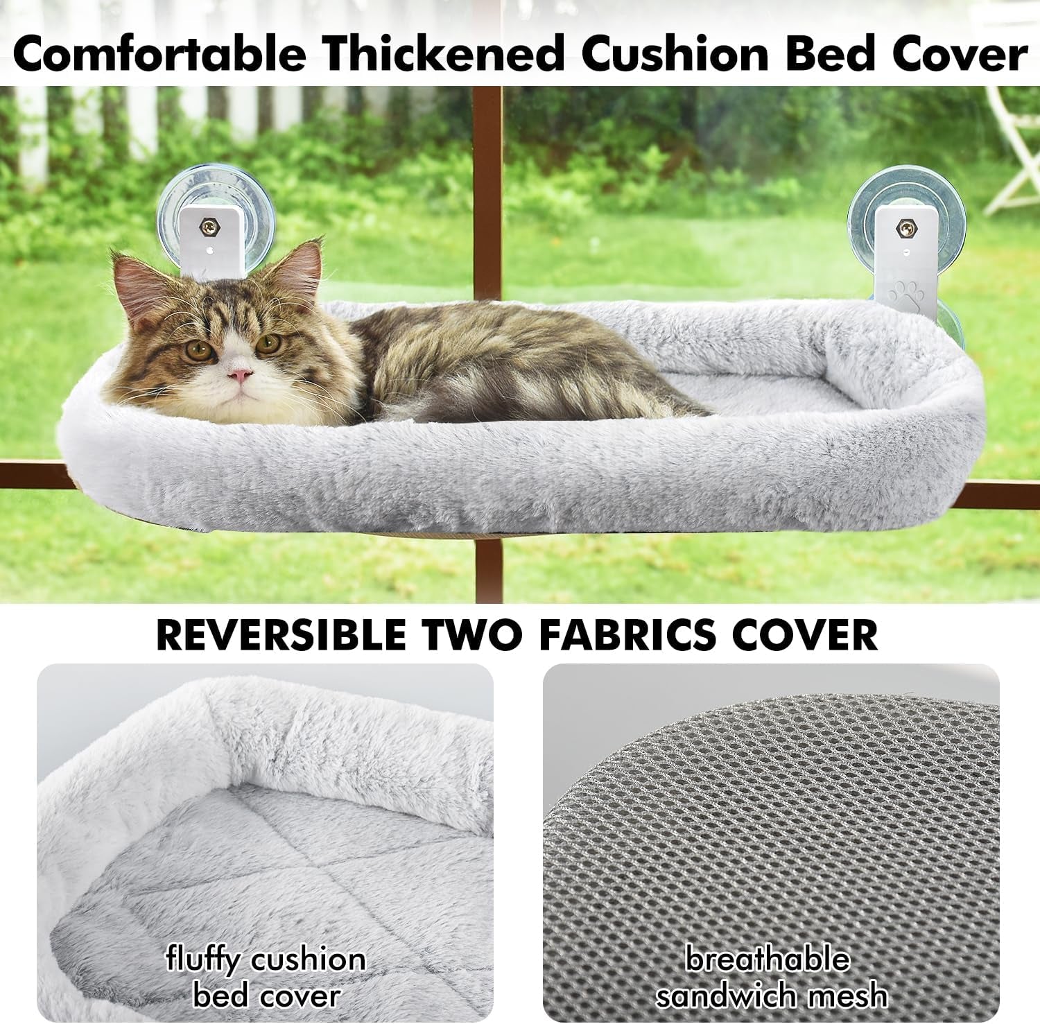 Cordless Cat Window Perch, Cat Hammock for Wall with 4 Strong Suction Cups, Solid Metal Frame and Two Replaceable Covers, Foldable Cat Beds for Indoor Cats (Large-Cushion Bed-Gray)