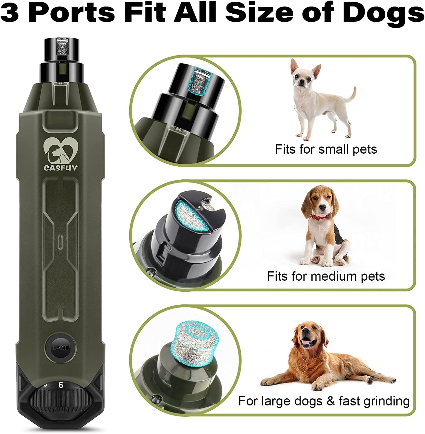 6-Speed Dog Nail Grinder - Newest Enhanced Pet Nail Grinder Super Quiet Rechargeable Electric Dog Nail Trimmer Painless Paws Grooming & Smoothing Tool for Large Medium Small Dogs (Army Green)