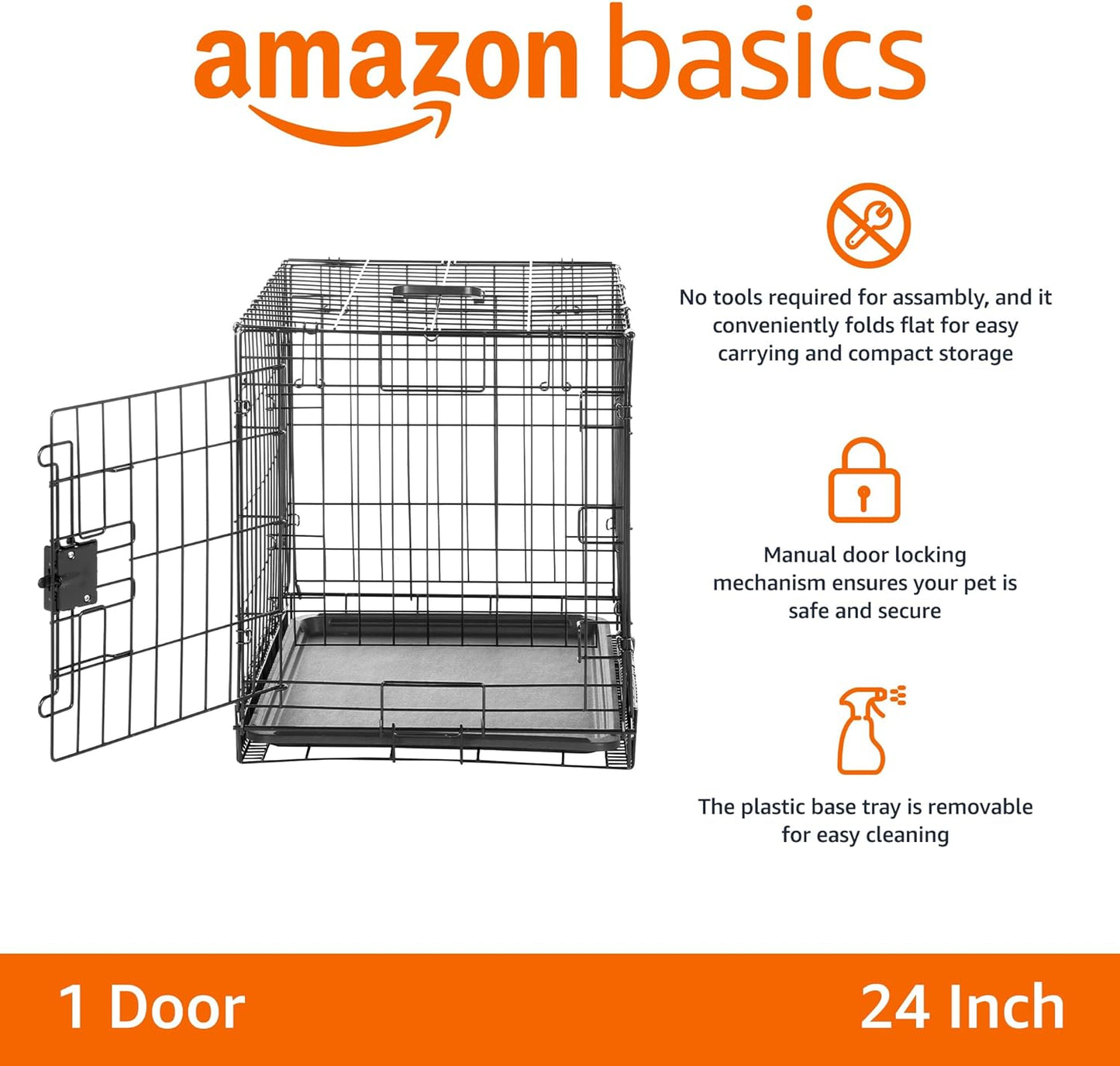 Durable, Foldable Metal Wire Small Dog Crate with Tray, Single Door, 24 X 18 X 20 In, Black