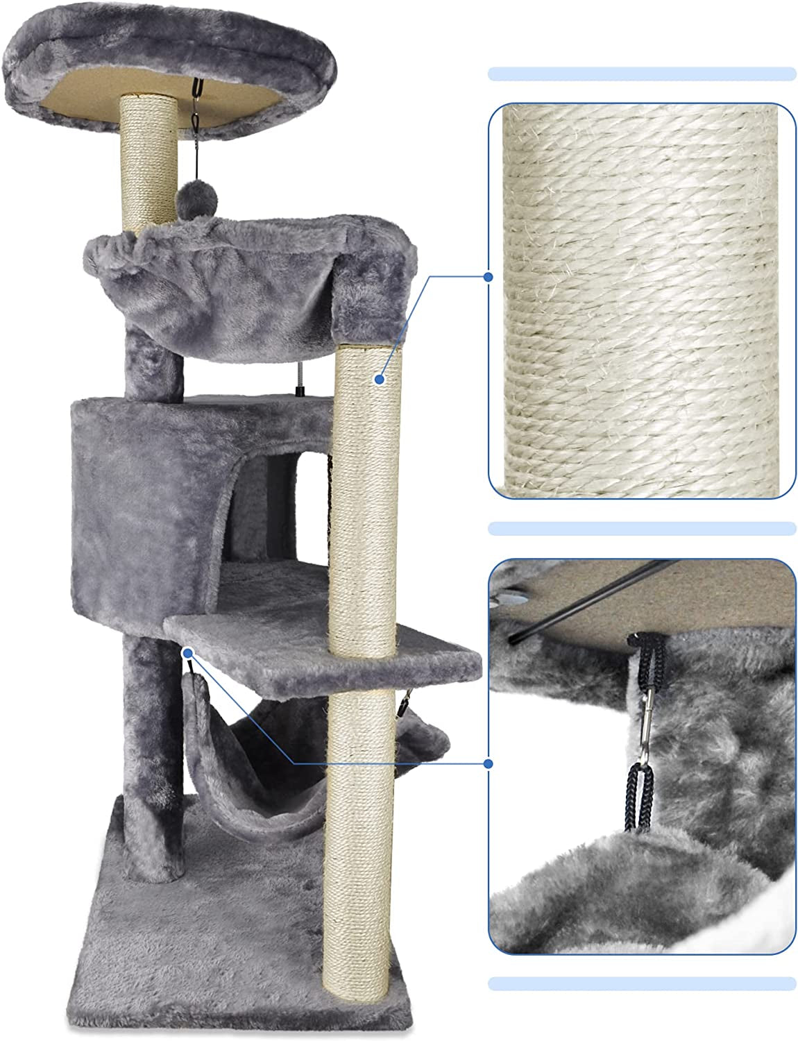 Cat Tree with Cat Condo and Big Hammock, Grey
