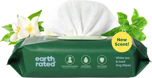 Pet Wipes for Dogs and Cats, Hypoallergenic, 3-In-1 Cleaning, Deodorizing and Hydrating, for Grooming Paws, Body and Butt, New White Tea and Basil Scent, 100 Count