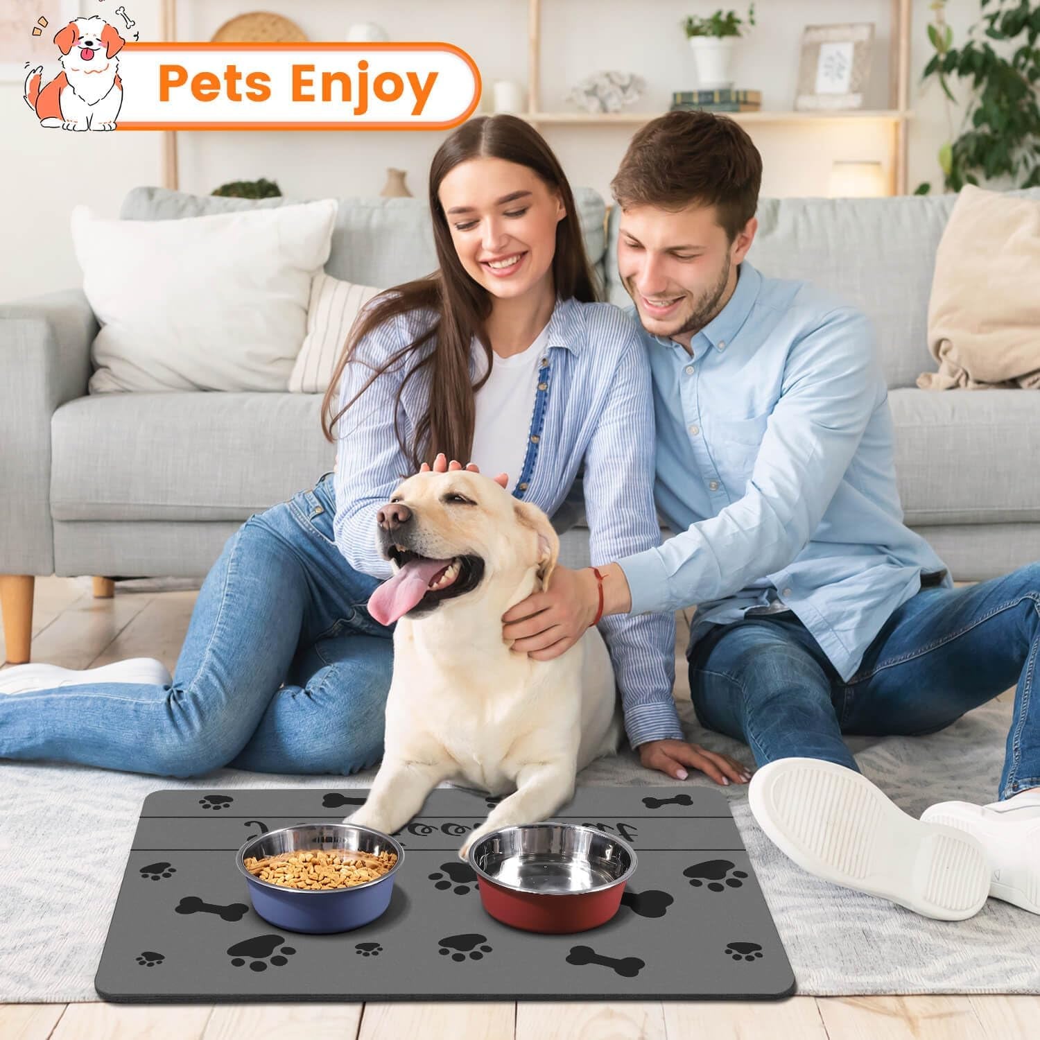 Pet Feeding Mat-Absorbent Pet Placemat for Food and Water Bowl, with Waterproof Rubber Backing, Quick Dry Water Dispenser Mat for Dog and Cat (27"X17", Striped Dark Gray)