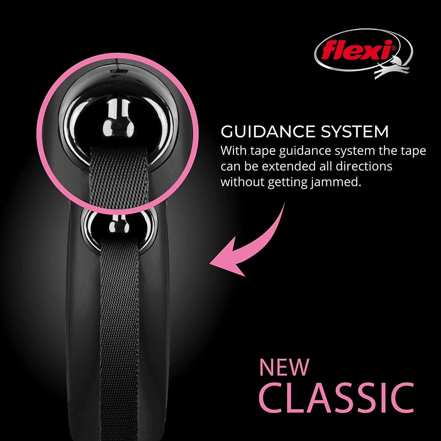 New Classic Tape Retractable Dog Leash for Large Dogs Upto 110 Lbs. – 26 Ft., Black | Tangle Free Pet Walking Leash with One-Handed Brake, Pause, Lock|German Quality Product