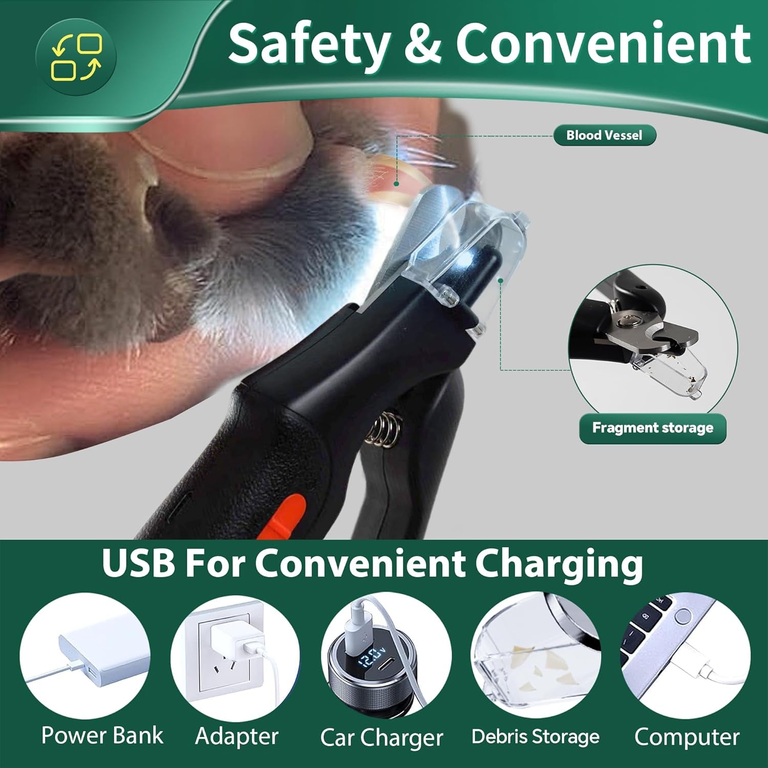 2-In-1 Cat Nail Clippers & Dog Nail Clippers Trimmers for Large Medium Small Dogs Cats Claw Trimmer Quick Sensor and Safety Guard USB Rechargeable with 2 LED Lights Dogs Nail Trimmer