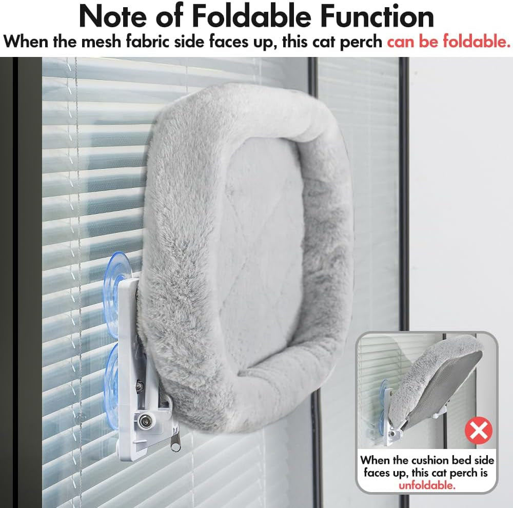 Cordless Cat Window Perch, Cat Hammock for Wall with 4 Strong Suction Cups, Solid Metal Frame and Two Replaceable Covers, Foldable Cat Beds for Indoor Cats (Large-Cushion Bed-Gray)