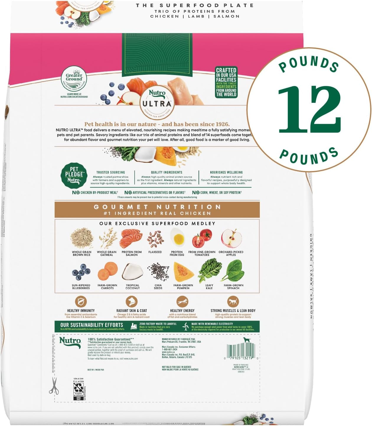 Ultra Adult Small Breed Dry Dog Food, Chicken, Lamb and Salmon Protein Trio, 12 Lb Bag