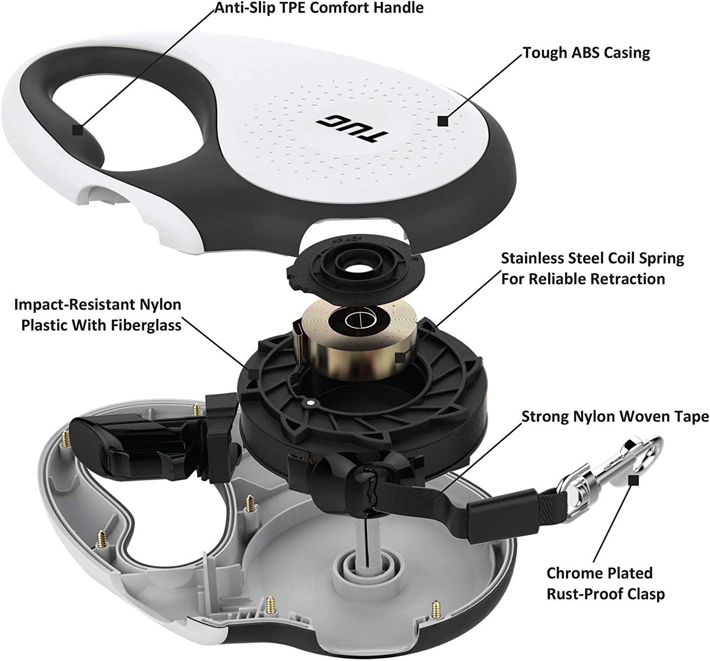 360° Tangle-Free Retractable Dog Leash | 16 Ft Strong Nylon Tape | One-Handed Brake, Pause, Lock (Large, White)