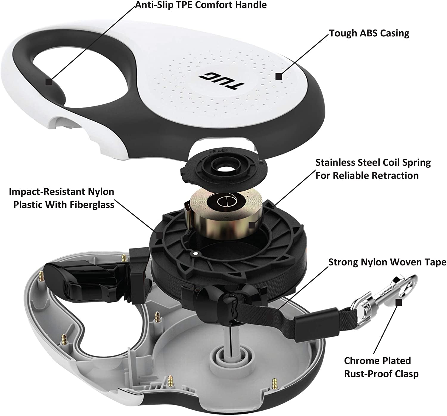 360° Tangle-Free Retractable Dog Leash | 16 Ft Strong Nylon Tape | One-Handed Brake, Pause, Lock (Large, White)